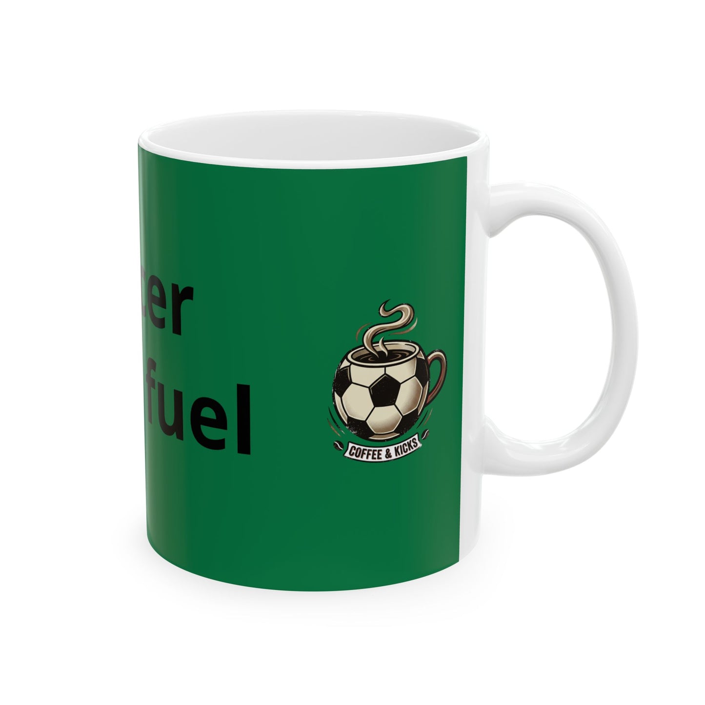 Soccer Mom Fuel Ceramic Mug — Green Coffee Cup with Soccer ball Graphic