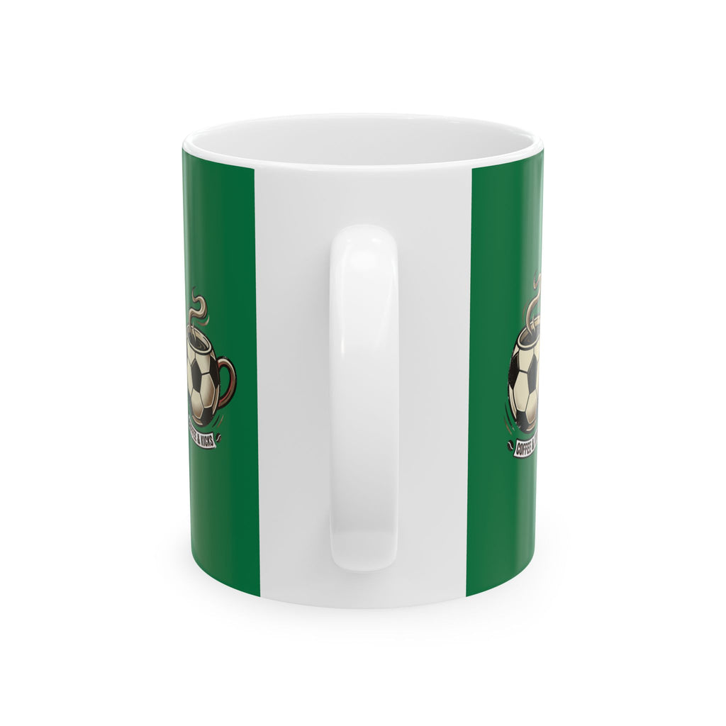 Soccer Mom Fuel Ceramic Mug — Green Coffee Cup with Soccer ball Graphic