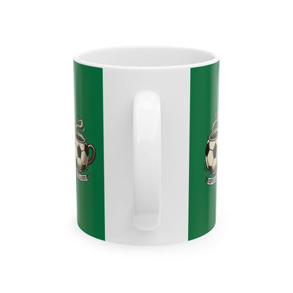 Soccer Mom Fuel Ceramic Mug — Green Coffee Cup with Soccer ball Graphic