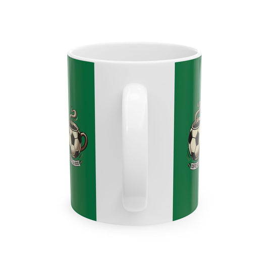 Soccer Mom Fuel Ceramic Mug — Green Coffee Cup with Soccer ball Graphic