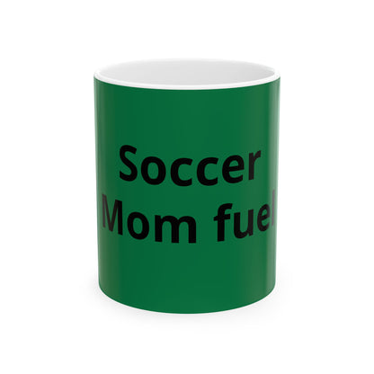 Soccer Mom Fuel Ceramic Mug — Green Coffee Cup with Soccer ball Graphic
