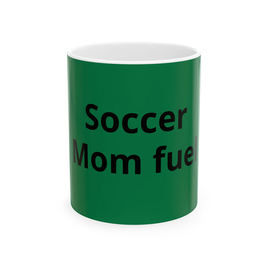 Soccer Mom Fuel Ceramic Mug — Green Coffee Cup with Soccer ball Graphic