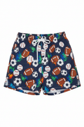 Athletic shorts with all-over football, baseball, and soccer ball print