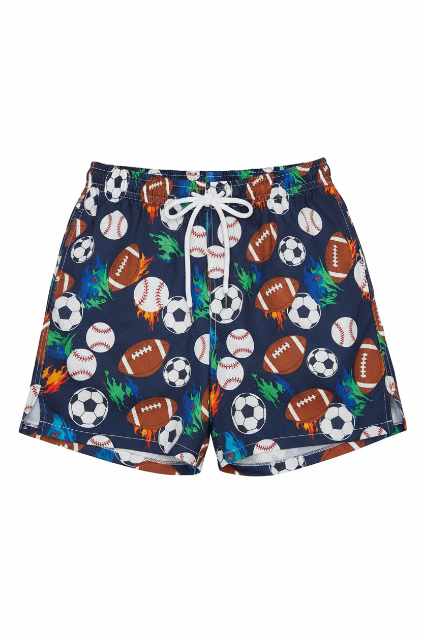 Athletic shorts with all-over football, baseball, and soccer ball print