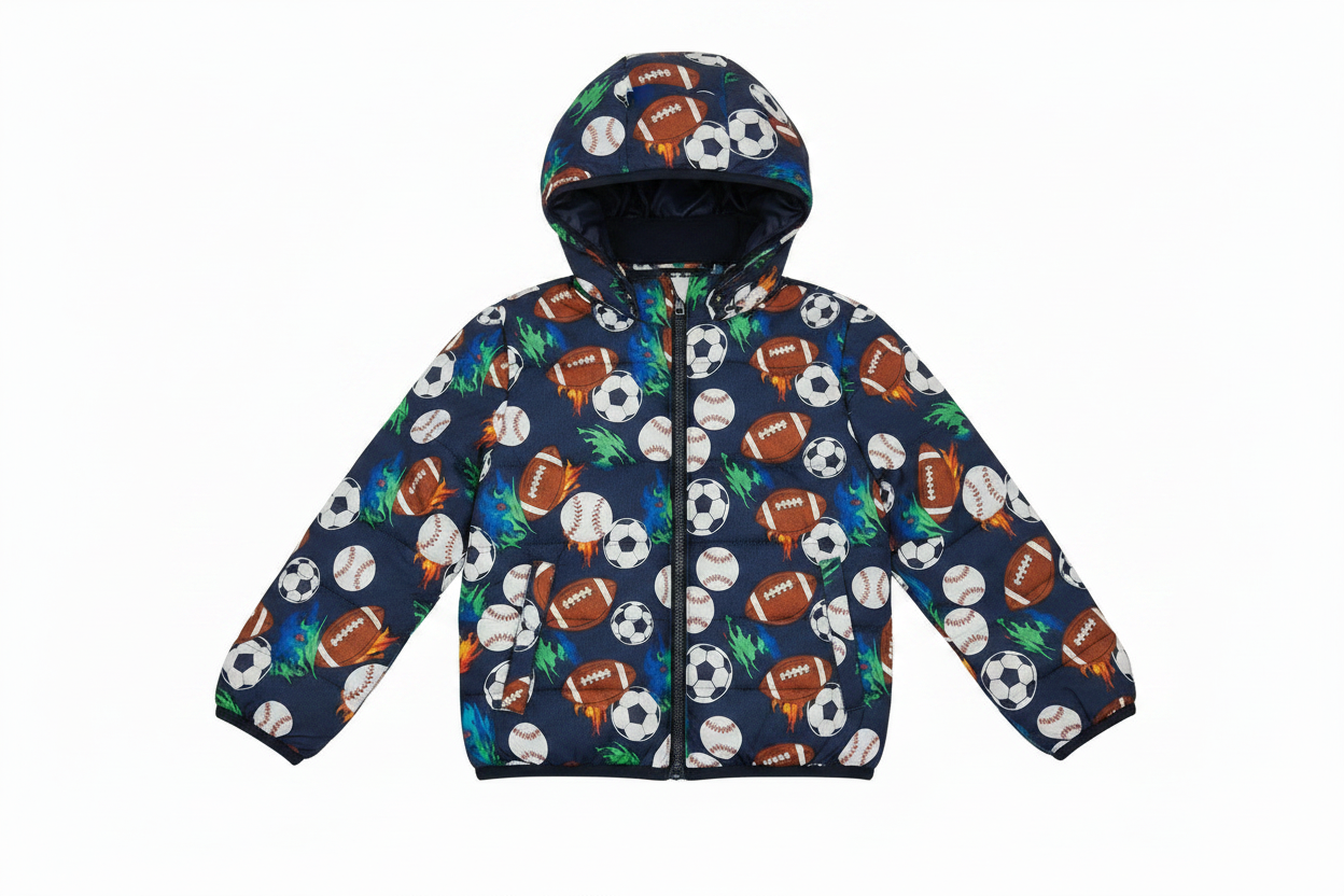 Hooded winter jacket with all-over multi-sport print featuring footballs, baseballs, and soccer balls with colorful flame accents on a dark navy background