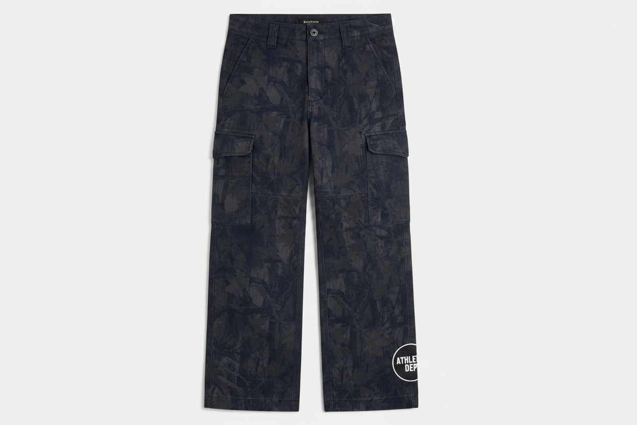 Hockey Puck Cargo Pants with geometric pattern and hockey puck side graphic