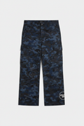 Navy camo cargo pants with Athletic Dept circular logo on lower leg