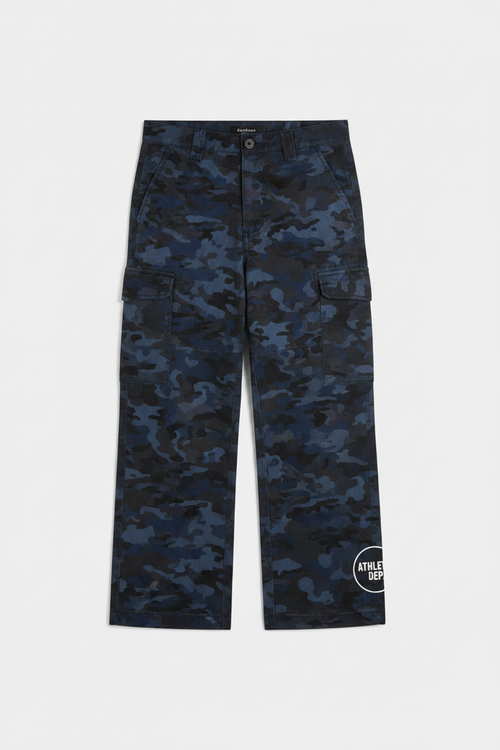 Navy camo cargo pants with Athletic Dept circular logo on lower leg