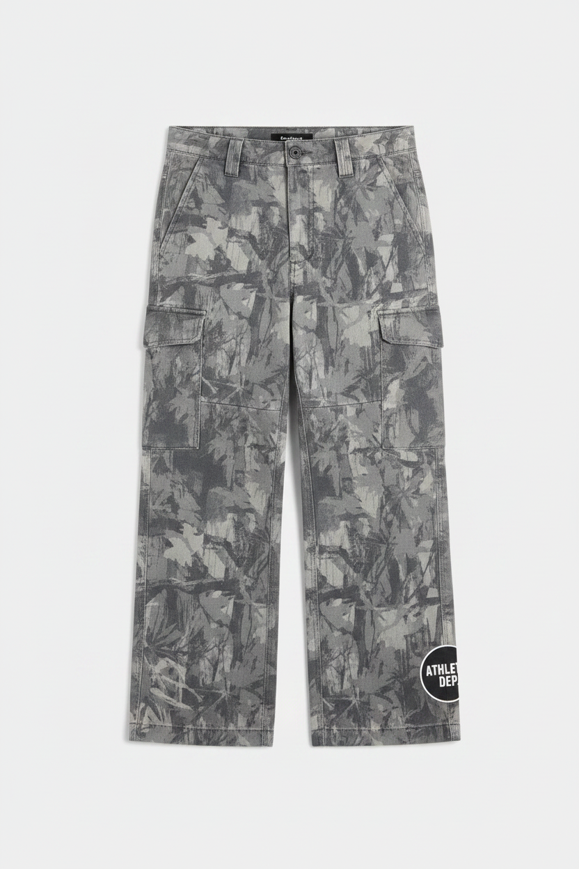 Grey camo cargo pants with Athletic Dept circular logo on lower leg
