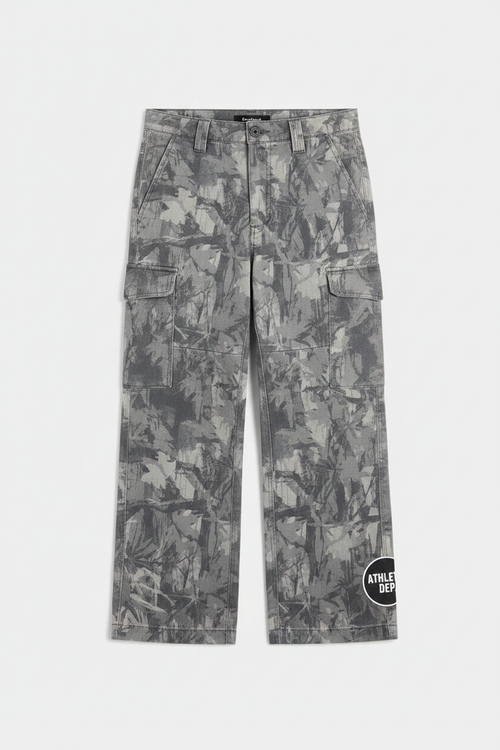 Grey camo cargo pants with Athletic Dept circular logo on lower leg