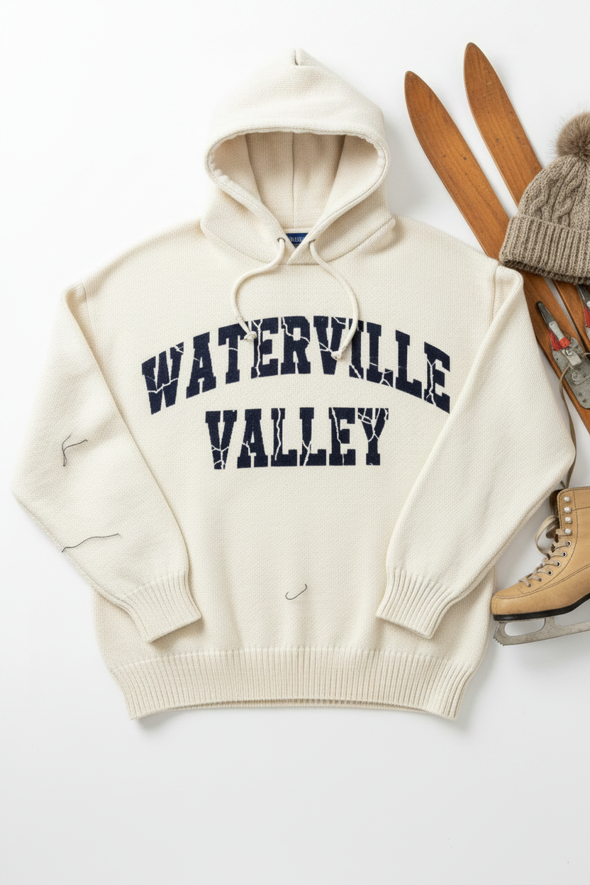 Oversized vintage cream hoodie with WATERVILLE VALLEY collegiate lettering and visible hood