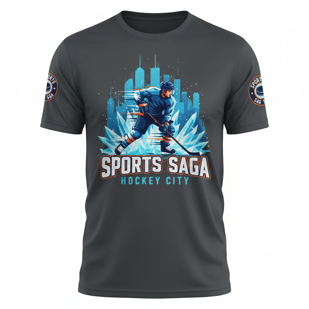 Hockey City Tee with bold athletic graphic and city skyline design