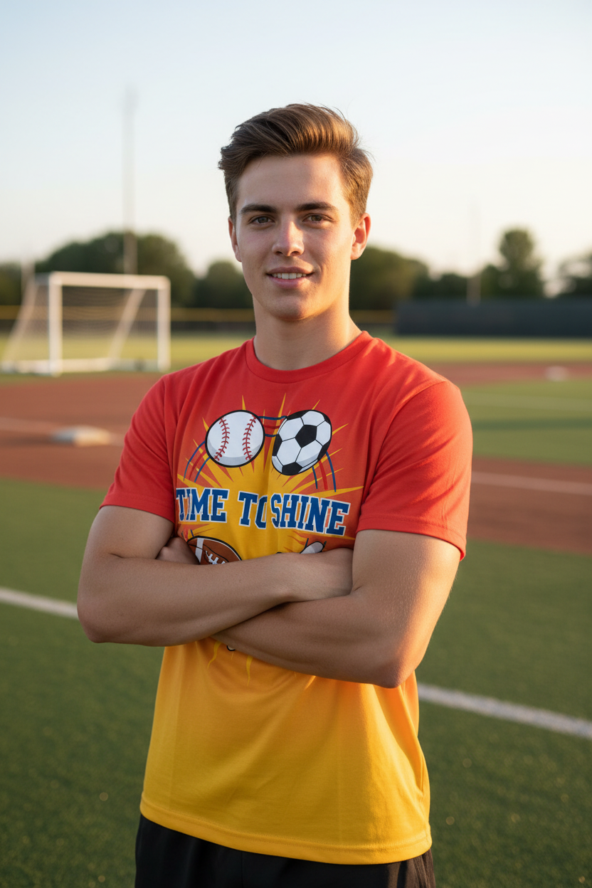 Athlete wearing Time to Shine sports t-shirt on a sports field