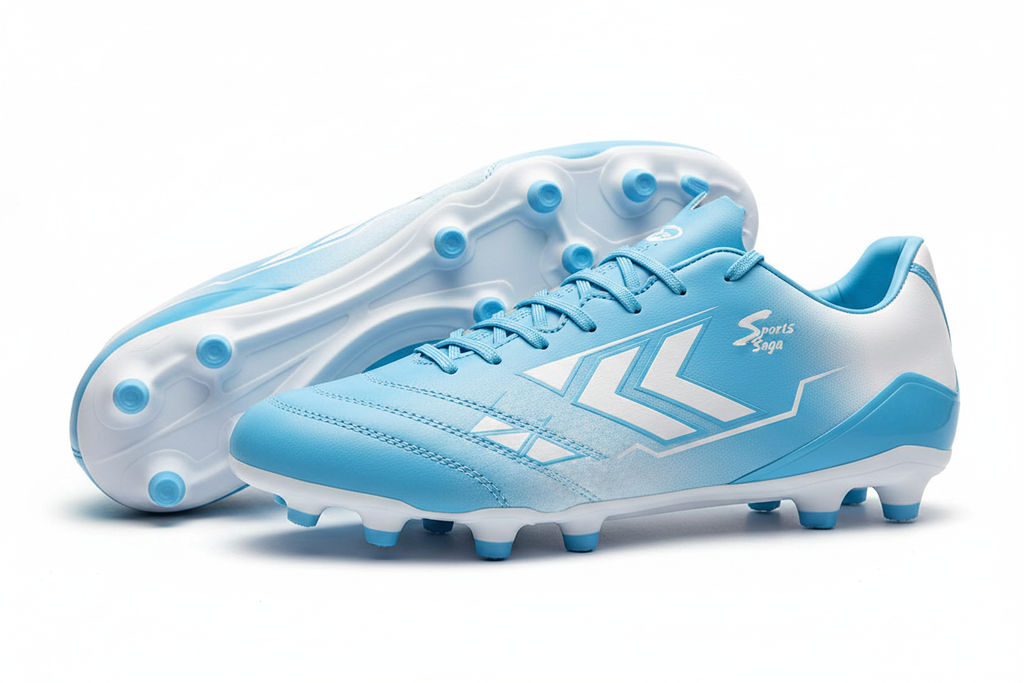 Sports Saga light blue and white soccer cleats with geometric design and firm ground studs
