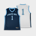 Reversible navy and white basketball jersey with Athletic Dept #1 lettering and diagonal side panel design