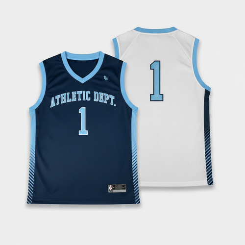 Reversible navy and white basketball jersey with Athletic Dept #1 lettering and diagonal side panel design