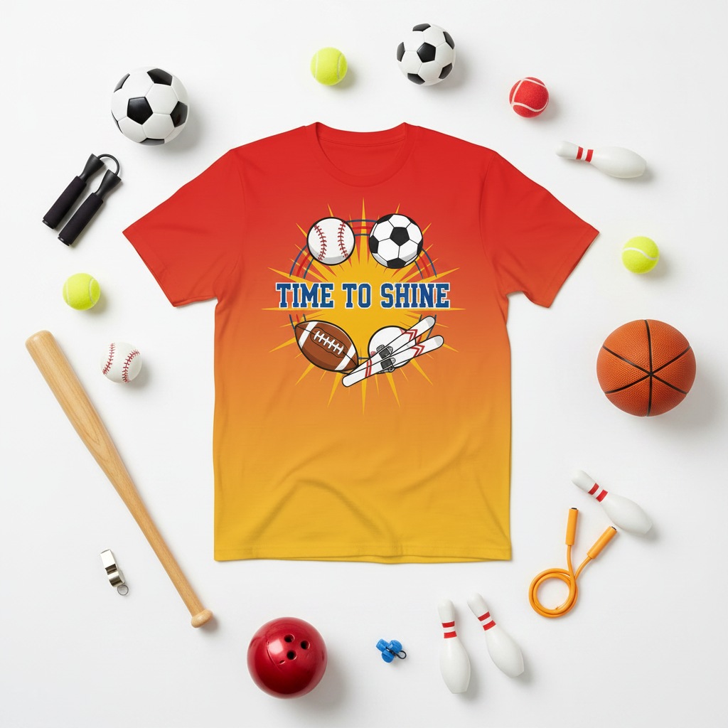 Time to Shine sports t-shirt flat lay with sports equipment