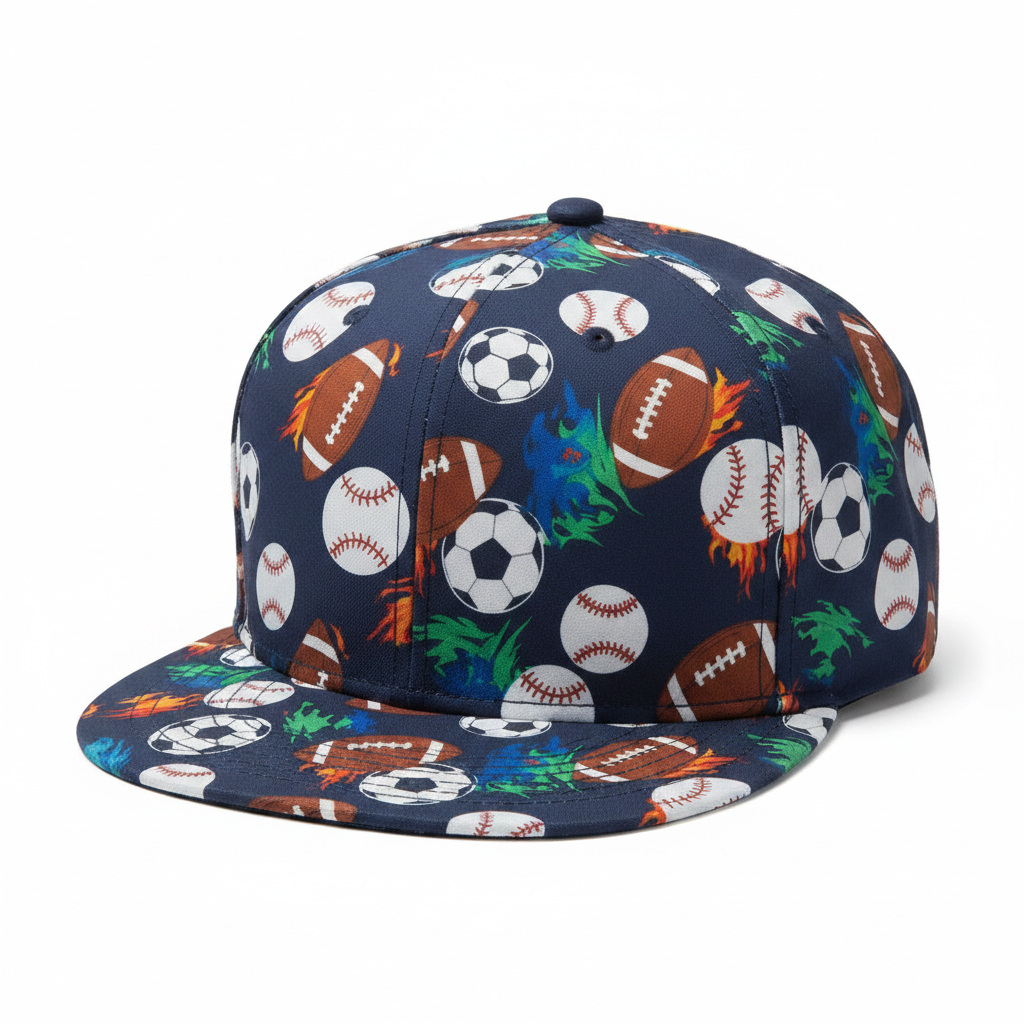 Snapback hat with all-over multi-sport print on dark navy background