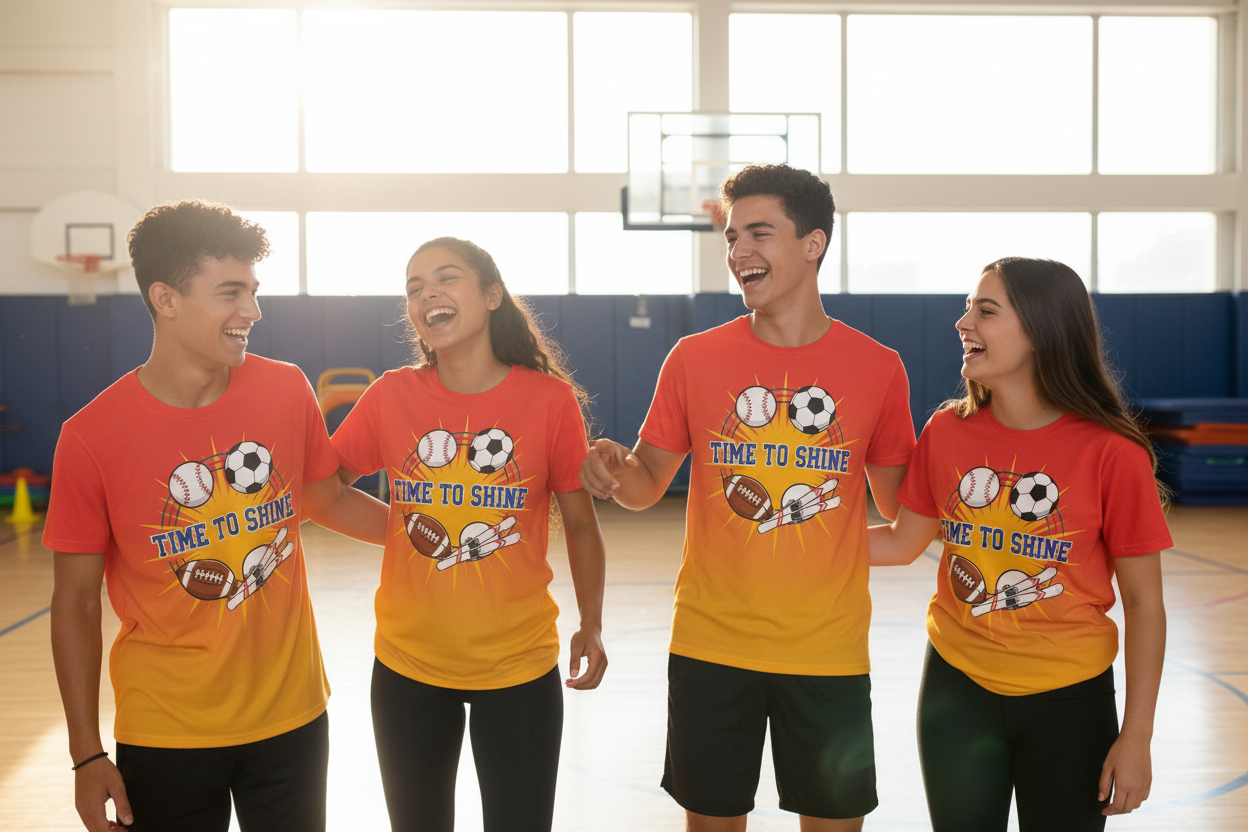 Group of athletes wearing Time to Shine sports t-shirts in a gym