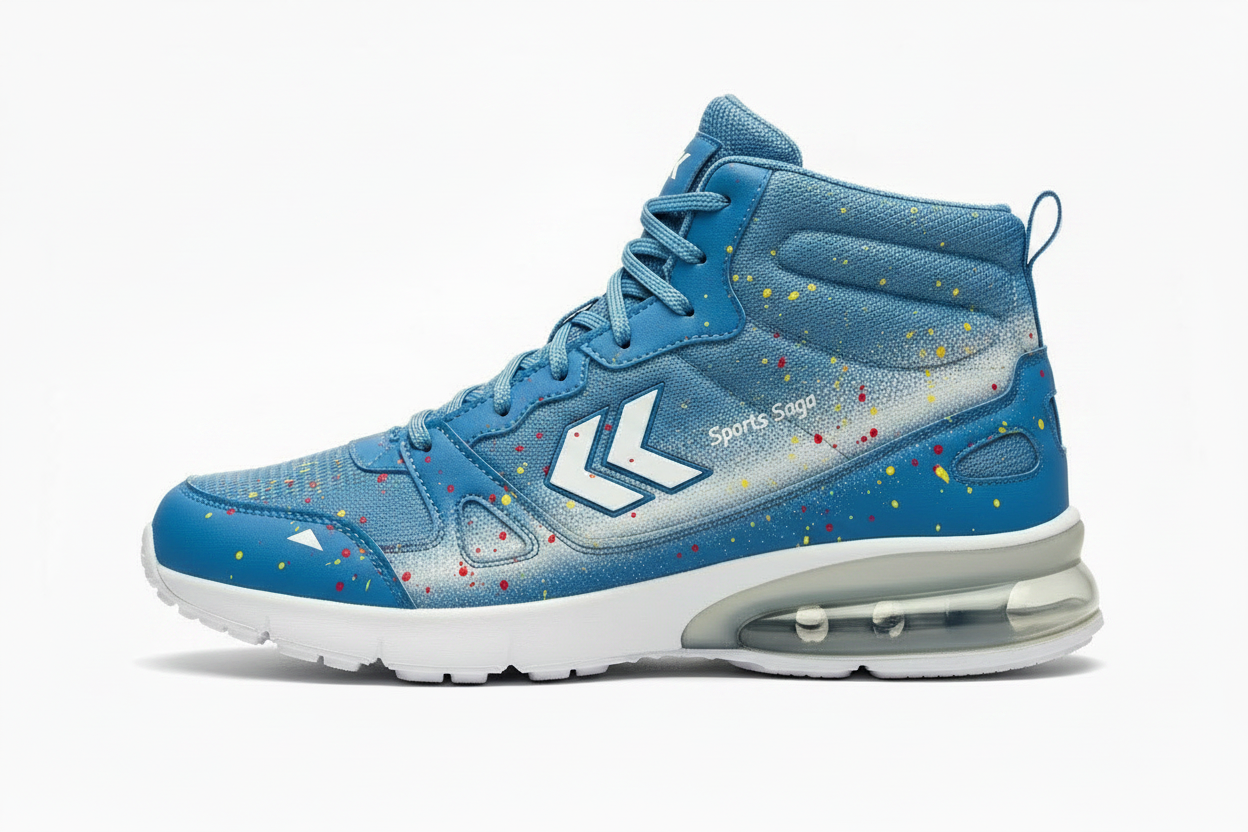 Sports Saga high top sneaker in sky blue with red, yellow and green speckles