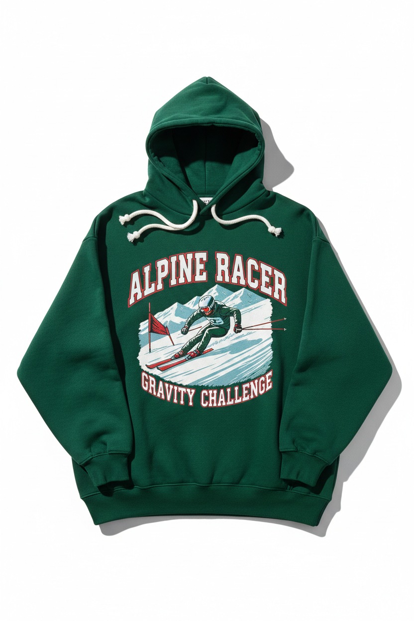 Oversized ski racing hoodie with bold graphic design and visible hood
