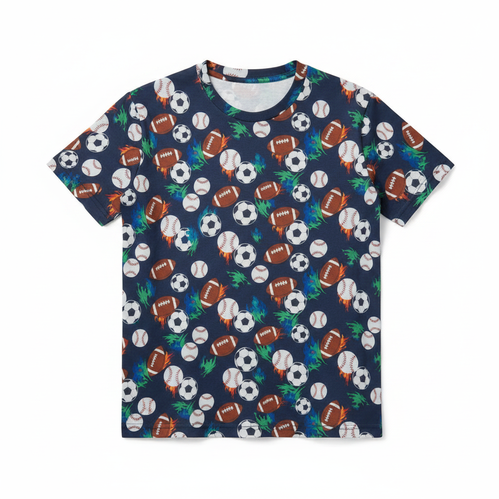 All-over multi-sport print t-shirt on navy background