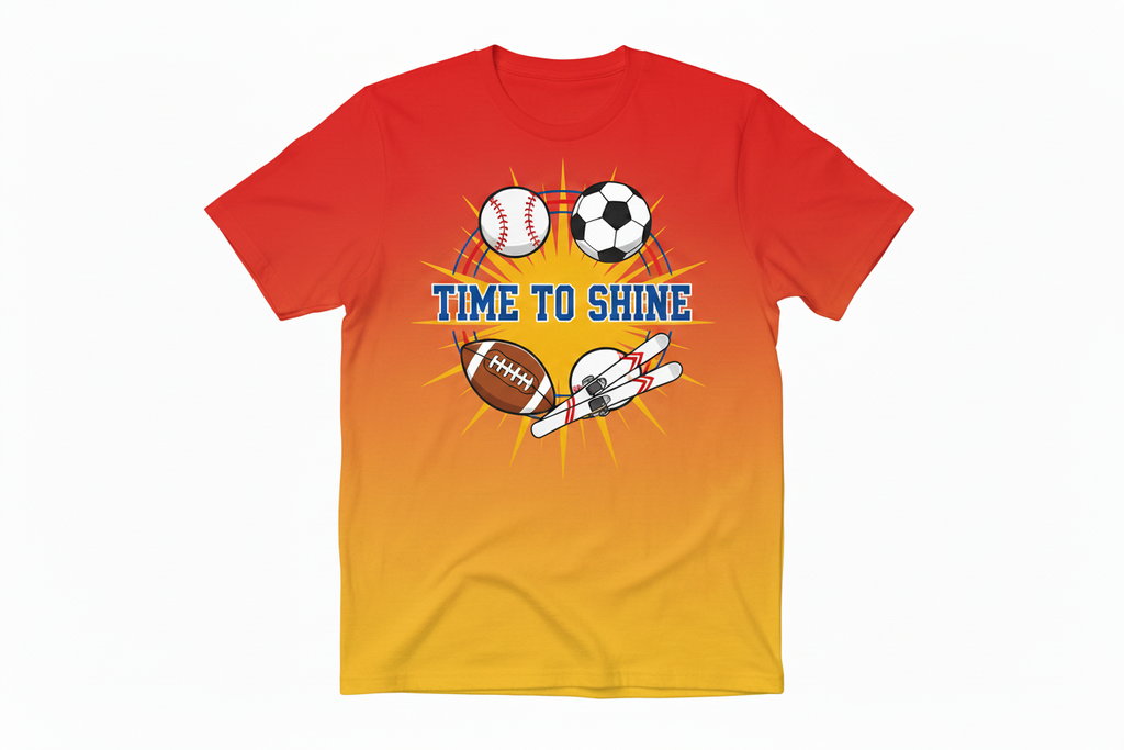 T-shirt with circular sports graphic featuring baseball, soccer ball, football and skis around Time to Shine text on red and yellow sunburst background