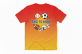 T-shirt with circular sports graphic featuring baseball, soccer ball, football and skis around Time to Shine text on red and yellow sunburst background
