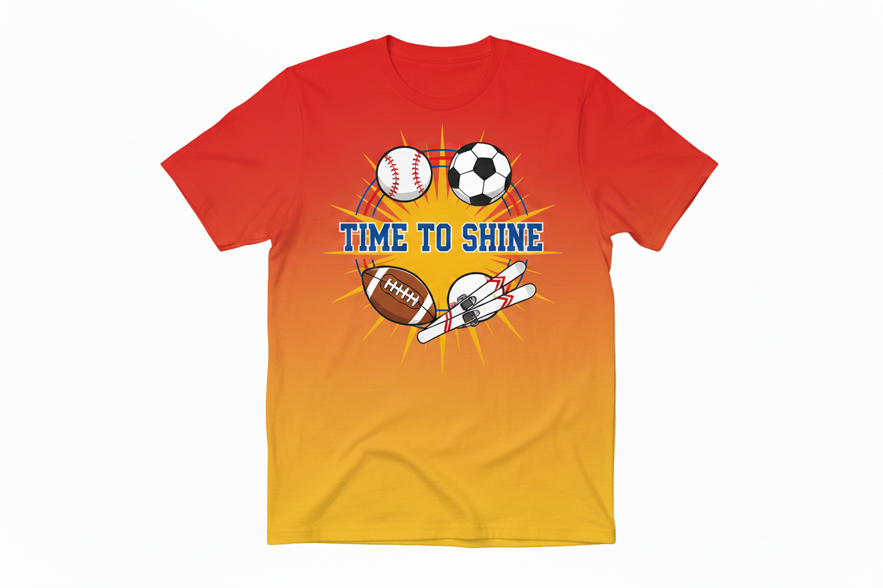 T-shirt with circular sports graphic featuring baseball, soccer ball, football and skis around Time to Shine text on red and yellow sunburst background