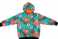 Hooded sweater with all-over tropical soccer print featuring palm trees, flamingos, flowers, and soccer balls on a teal and coral background