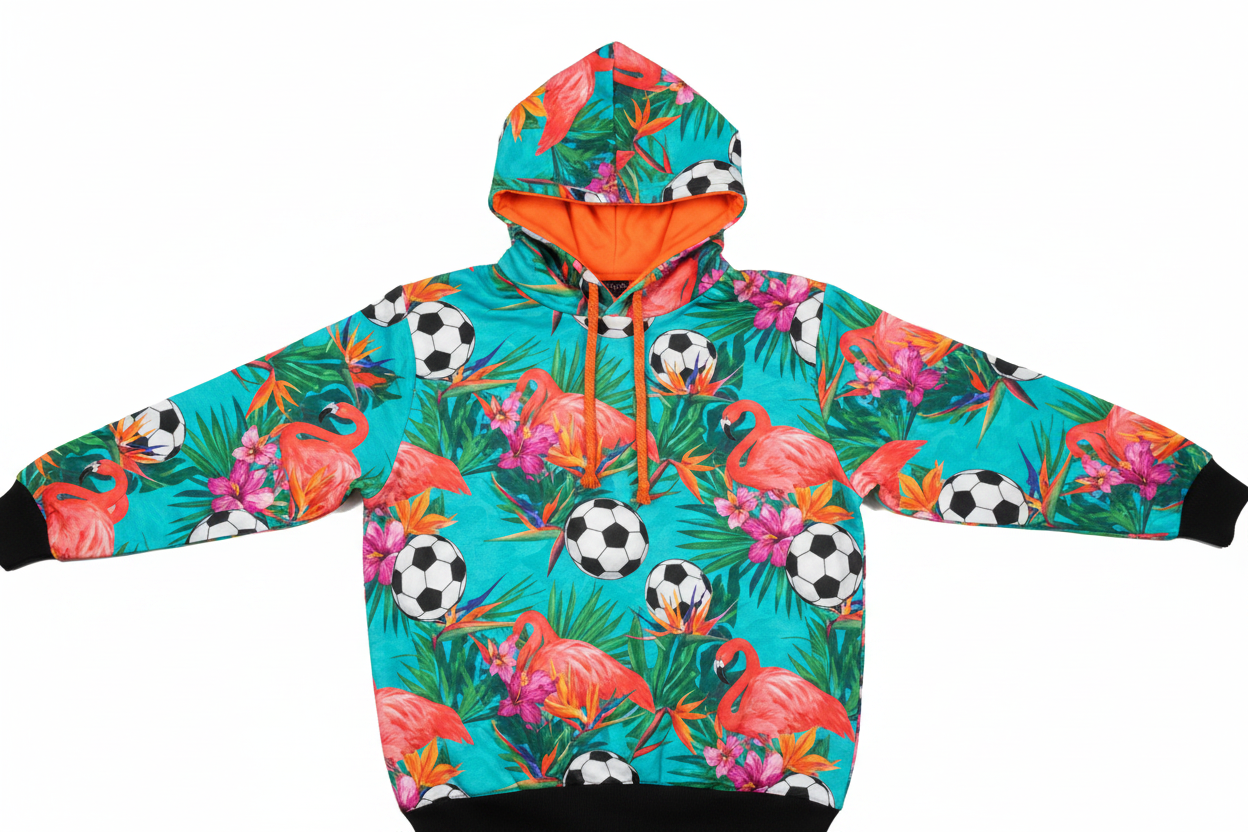 Hooded sweater with all-over tropical soccer print featuring palm trees, flamingos, flowers, and soccer balls on a teal and coral background