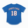 Blue and white baseball jersey back view with Sports Saga lettering and number 18