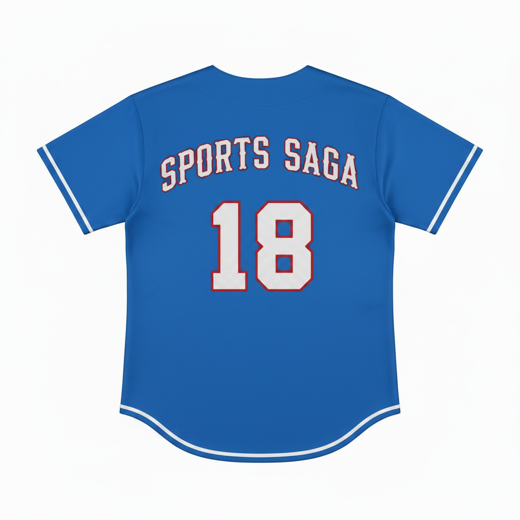 Blue and white baseball jersey back view with Sports Saga lettering and number 18