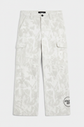 White camo cargo pants with Athletic Dept circular logo on lower leg