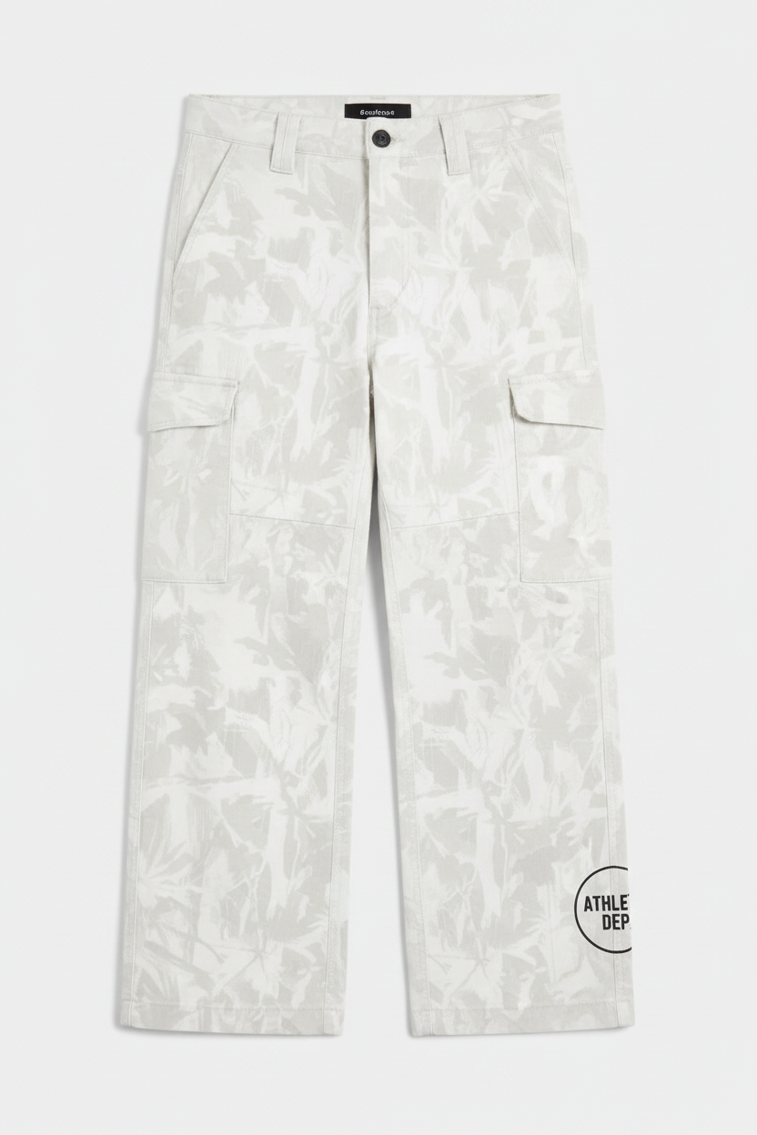 White camo cargo pants with Athletic Dept circular logo on lower leg