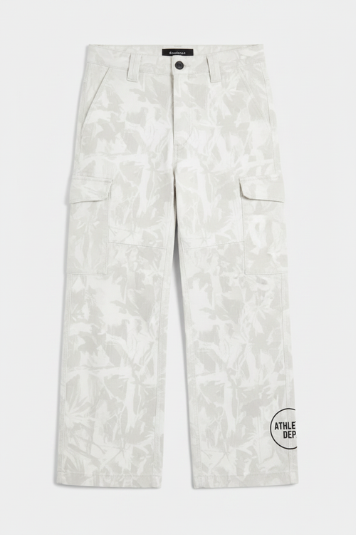White camo cargo pants with Athletic Dept circular logo on lower leg