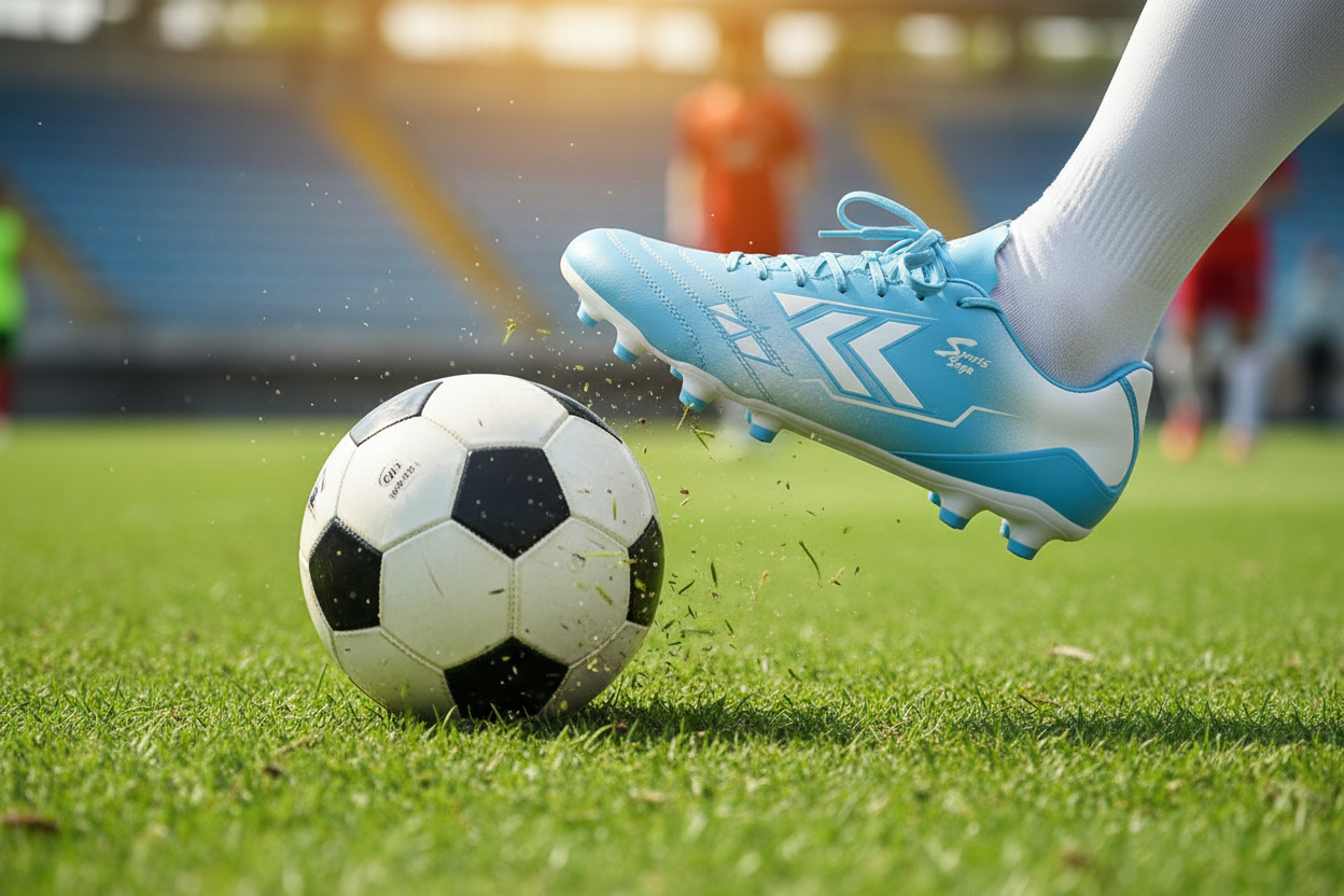 Sports Saga light blue and white soccer cleats action shot - player kicking a soccer ball